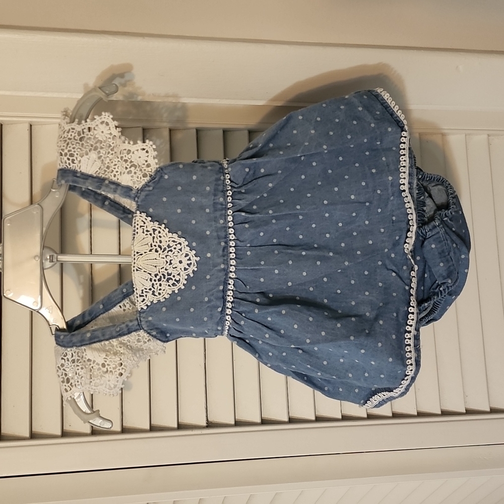 Denim & Lace Polka Dot Dress with Diaper Cover by Max Studio Baby, Size 3-6 Mo.